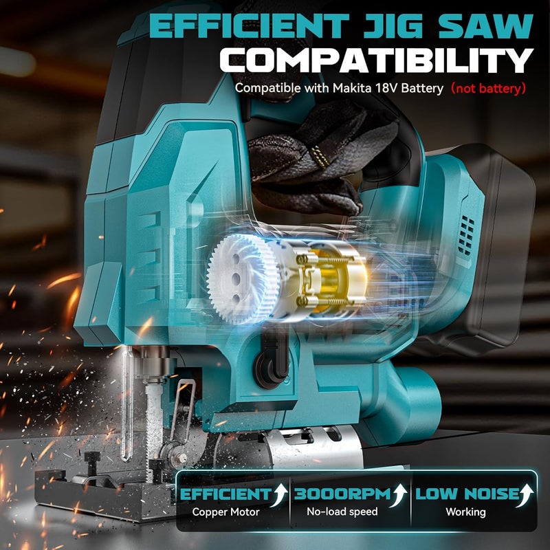 Ecarke Cordless Jig Saw Compatible With Makita 18V Battery (Only Tool), 4 Orbital Sets, 6 Variable Speeds Control, Dust-Blowing, ±45° Bevel Cuts, LED Light and 6PCS Blades For Cutting - Image 4